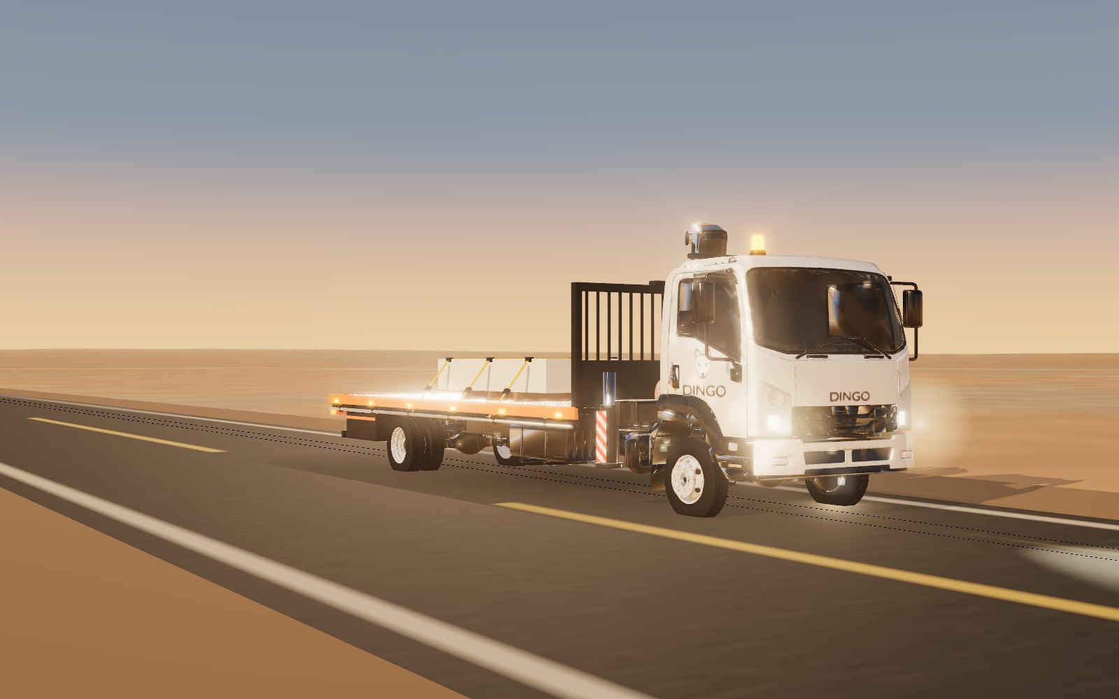 Dingo crane truck at dusk, three-quarter front view